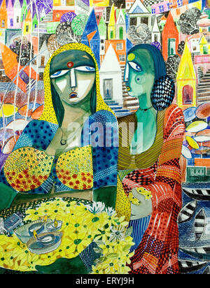 Painting of woman selling flowers ; Varanasi ghat ; Uttar Pradesh  ; India Stock Photo