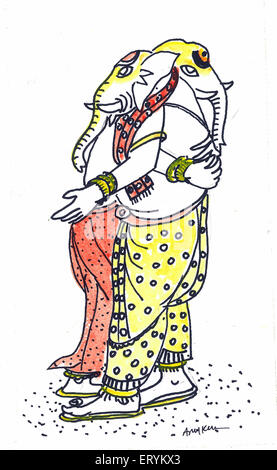 Painting of Two lord Ganesha are Hugging Japanese Buddhism Version Stock Photo