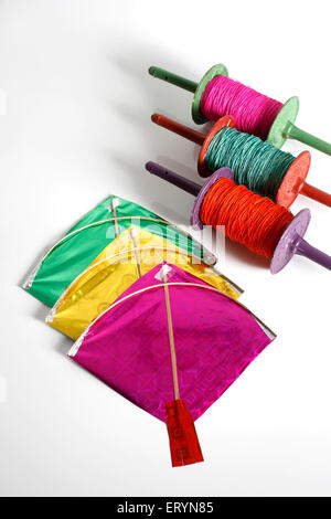 Kite festival , Makara Sankranti , Mahasankranti , colorful kites and thread manja firki , India , Asia Stock Photo