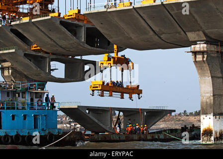 Giant iron truss used to lift last block in construction Bandra Worli Sea link at Worli Bombay Mumbai Maharashtra India Stock Photo