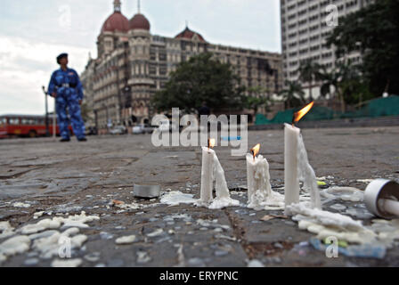 26/11 Mumbai terror attack 2008 , lighting candles for victims , Taj Mahal Hotel , Colaba , Bombay , Mumbai , Maharashtra , India , Asia Stock Photo