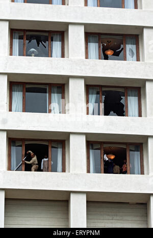 26/11 Mumbai terror attack 2008 , shattered window glass , Trident  Hotel , Oberoi Hotel , Nariman Point , Bombay , Mumbai , Maharashtra , India, Asia Stock Photo