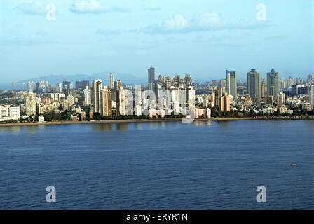 Aerial of worli skyline on arabean sea ; Bombay Mumbai ; Maharashtra ; India Stock Photo