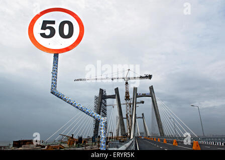 Board showing maximum speed limit on bandra worli known rajiv gandhi sea link ; Bombay Mumbai ; Maharashtra ; India 29 June 2009 Stock Photo