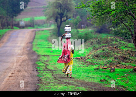 Women carrying water pots on head Shahapur Thane Maharashtra India Asia Stock Photo