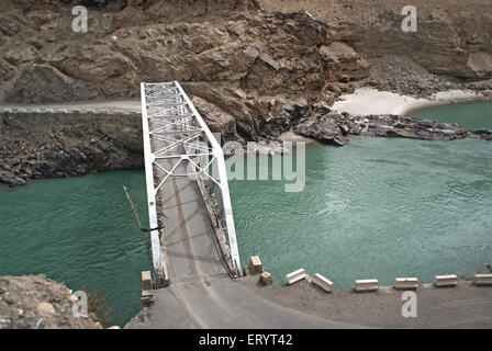 Truss Bridge on Indus river connecting Leh Kargil road ; Ladakh ; Jammu and Kashmir ; India , Asia Stock Photo