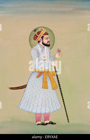 Miniature painting of Mughal Emperor Shah Jahan with sword rose walking stick India Asia Stock Photo