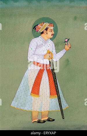 Jahangir with sword and rose miniature painting of Indian Mughal Emperor India Asia Stock Photo