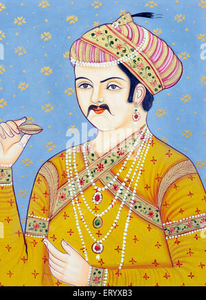 Akbar Mughal Emperor Akbar the Great miniature painting Abu'l-Fath Jalal-ud-din Muhammad Akbar India Stock Photo