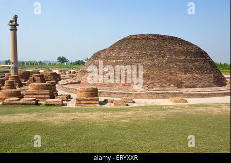 Ashoka Lion pillar and buddhist stupa at Vaishali ; Tirhut division ; Bihar ; India Stock Photo