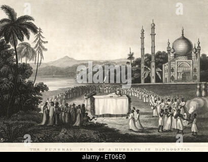 Funeral Pyre of husband in Hindustan , India , old vintage British 1800s Stock Photo