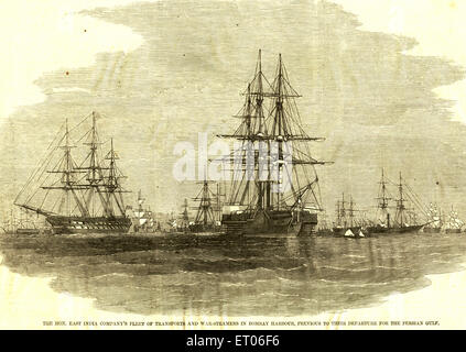 The East India Company fleet of transports and war trimmers ships in harbor ; Bombay ; Mumbai ; Maharashtra ; India ; Asia ; old vintage 1800s picture Stock Photo