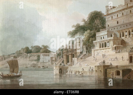 Dashashwamedh Ghat ; Dasasvamedha Ghat ; Ganga river Ganges ; Banaras ; Benares ; Varanasi ; Uttar Pradesh ; India ; Asia ; old vintage antique 1800s Stock Photo