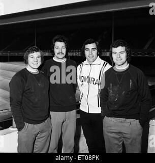 Leicester City players at Filbert Street. Left to right: Dennis Rofe, Frank Worthington, Peter Shilton and Keith Weller. 8th February 1974. Stock Photo