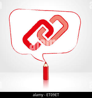 Red Pencil with Reflection Drawing Digital Media Link Icon in Rounded Skewed Rectangular Shaped Speech Bubble on Pale Background Stock Photo