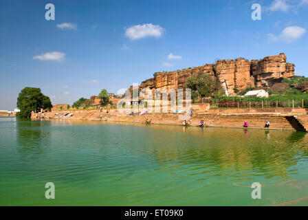 Agastya lake ; cave temples and north fort in Badami ; Karnataka ; India Stock Photo