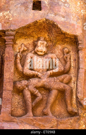 Ukkra Narasimha killing Hiranya Narasimha Avtar Bas relief in cave temple 7th century ; Badami ; Karnataka ; India Stock Photo