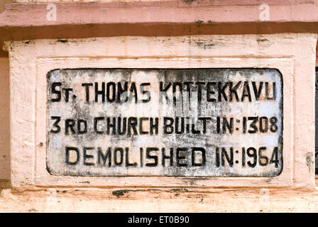 Stone Inscription, St. Thomas Kottekkavu Forane Church, North Paravur, Cochin, Kochi, Kerala, India, Asia Stock Photo