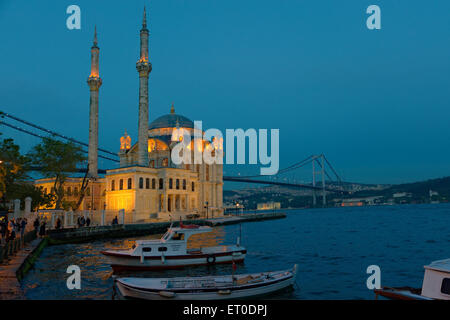 Ortakoy Bosphorus waterfront with the first Bosphorus bridge, Istanbul, Turkey. Stock Photo