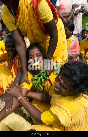 Devotees in trance dances in duryodhana padukalam festival ; Sevilimedu ; Kanchipuram ; Kancheepuram district  , Tamil Nadu ; India , Asia , MR#777A Stock Photo