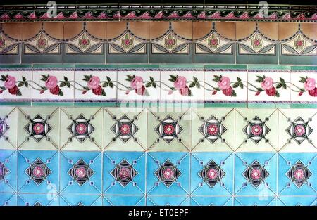 Wall tiles flower design in Nattukottai Chettiar Nagarathar house ;  Chettinad ; Chettinadu ; Sivaganga ; Pudukottai  ; Tamil Nadu ; India ; Asia Stock Photo