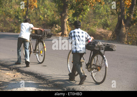 Workers from coal mine carrying lump of coal loaded back seat of bicycles in Jharkhand ; India Stock Photo