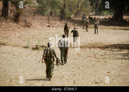 Central Reserve Police Force CRPF soldier with gun hunting searching for naxalites in naxal forest area Ranchi Jharkhand India Asia Stock Photo