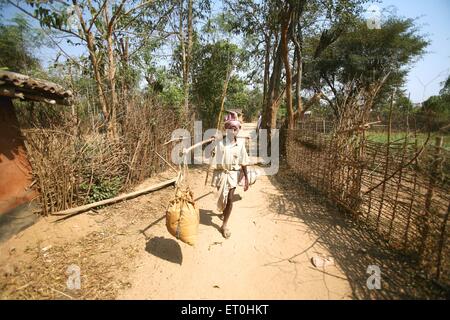 Indian rural man carrying grain balance scale village road, Ranchi ...