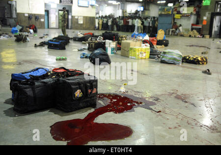 Left luggage and blood stains of terror attack by Deccan Mujahideen terrorists at CST station ; Mumbai Stock Photo