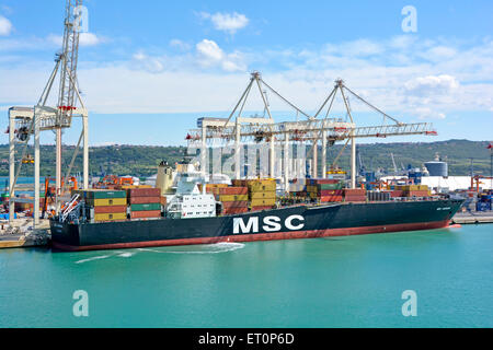 Close up boxship MSC Adriana container ship docked at the Port of Koper, Slovenia, Istrian Peninsula Adriatic Sea Europe Stock Photo