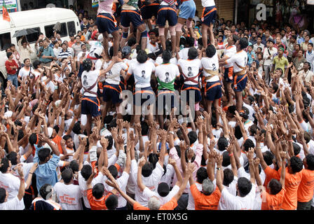 Govinda making human pyramid to break Dahi Handi ; Janmashtami janmashtmi gokul ashtami govinda festival ; Dadar ; Mumbai Stock Photo