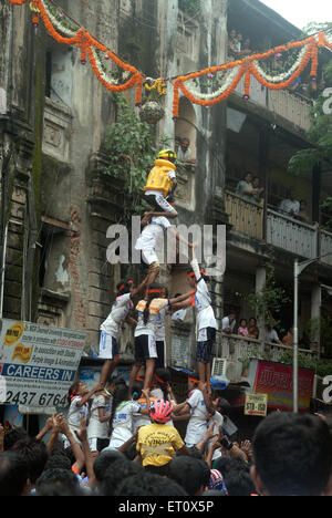 Girls Govinda making human pyramid to break Dahi Handi ; Janmashtami janmashtmi gokul ashtami govinda festival ; Dadar ; mumbai Stock Photo