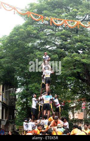 Govinda making human pyramid to break Dahi Handi ; Janmashtami janmashtmi gokul ashtami govinda festival ; Dadar ; Bombay Mumbai Stock Photo