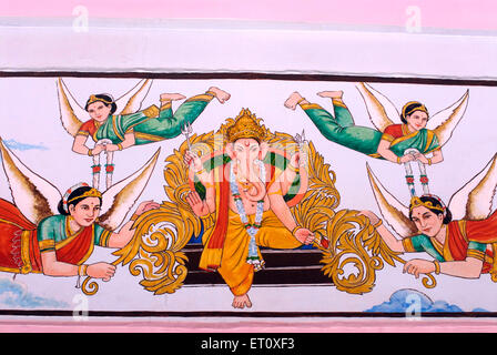 Lord Ganesh sitting on throne with angels painting, Shree Vishnu Narayan Temple wall, Parvati Hill, Pune, Maharashtra, India Stock Photo