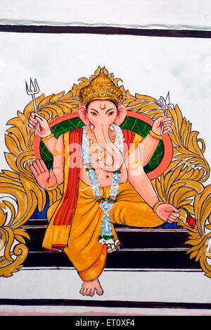 Lord Ganesh sitting on throne painting, Shree Vishnu Narayan Temple wall, Parvati Hill, Pune, Maharashtra, India Stock Photo