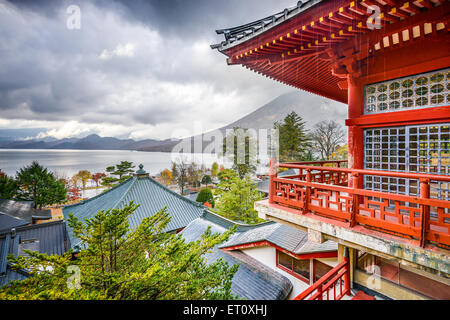 View of the Japanese temple in autumn with Mount Fuji in the View of the Japanese temple in autumn with Mount Fuji in the