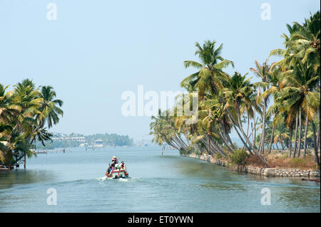 Boat in backwaters ; Kollam to Alleppey ; Alappuzha ; Kerala ; India ; Asia Stock Photo