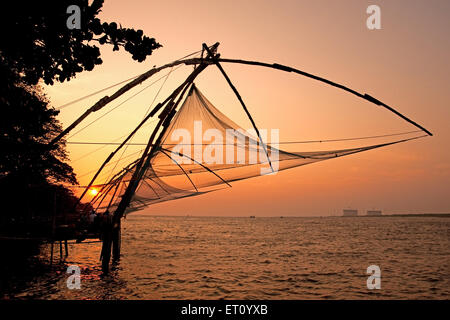 Chinese fishing nets ; shore operated lift nets ; Cheena vala ; Cochin ; Kochi ; Kerala ; India ; Asia Stock Photo