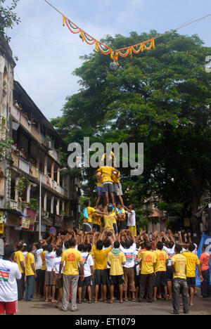 Human pyramid trying to break dahi handi on janmashtami festival at dadar ; Bombay ; Mumbai ; Maharashtra ; India Stock Photo