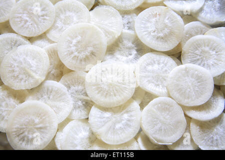 Green vegetable ; round slices of muli radish raphanus sativa Stock Photo