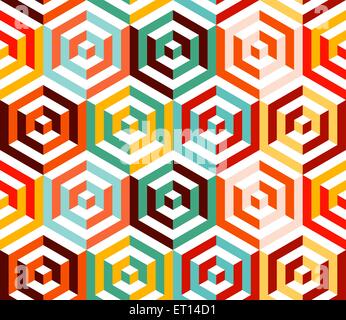 Abstract isometric 3d retro colorful hexagonal shapes seamless pattern background. Ideal for fabric design, wrapping paper print Stock Vector