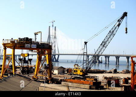 Construction of bandra worli sealink known rajiv gandhi bridge ; Bombay Mumbai ; Maharashtra ; India Stock Photo