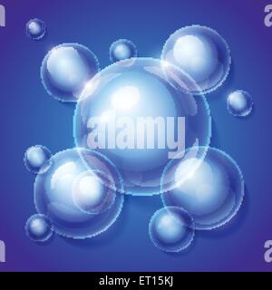 Realistic shiny transparent water drop bubbles on blue background. RGB EPS 10 vector illustration. Can be placed on any backgrou Stock Vector