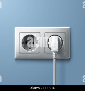Electric white plug and socket on blue wall background. RGB EPS 10 vector illustration Stock Vector