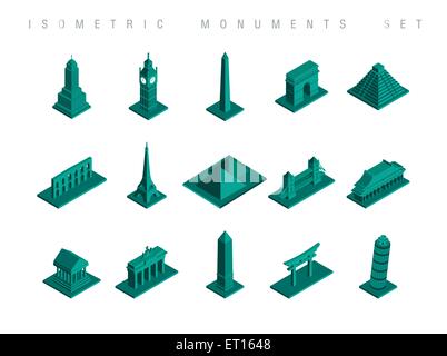 Set of flat isometric monuments of the world illustration. Ideal for travel brouchere, web and infographic design. EPS10 vector. Stock Vector