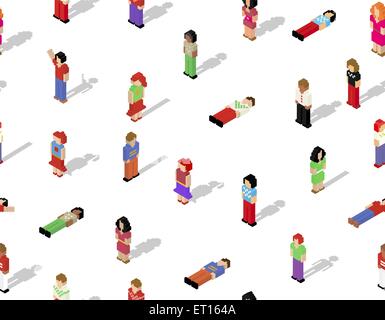 Pixel people cartoon isometric flat illustration seamless pattern background. Ideal for web, chat and app design. EPS10 vector. Stock Vector