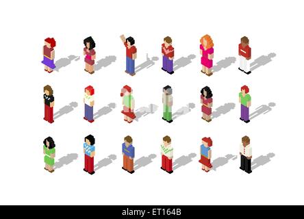 Set of cartoon pixel people isometric flat illustration. Ideal for web, chat and app design. EPS10 vector file. Stock Vector