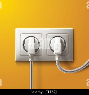 Realistic electric white socket and 2 plugs on yellow wall background. RGB EPS 10 vector illustration Stock Vector