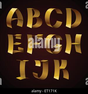 Set of isolated golden shiny ribbon font A-K letters. RGB EPS 10 vector illustration Stock Vector