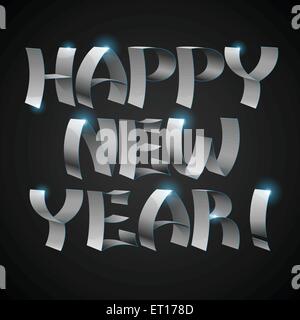 Isolated 3d shiny metallic ribbons Happy New Year text on black background. RGB EPS 10 vector illustration Stock Vector